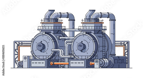 Illustration of two large industrial turbines connected by pipes and situated on a platform.