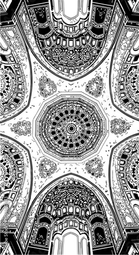 Intricate Geometric Patterns of a Mosque's Domed Ceiling in Black and White Vector Art
