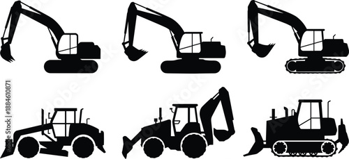 Black excavator and backhoe silhouettes set, construction and earthmoving machinery vehicles collection for excavation, demolition and heavy equipment vector design