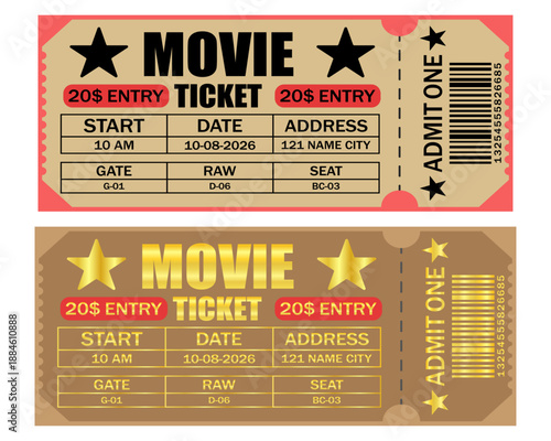 Vintage and modern movie ticket design template featuring cinema admission details, barcode, seat info, and price. Perfect for film events, posters, flyers, and entertainment branding.
