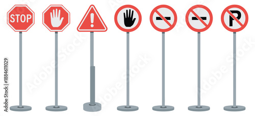  Red traffic signs vector collection, essential road symbols such as stop warning no entry and no parking, designed for traffic control systems, transportation visuals, and safety education