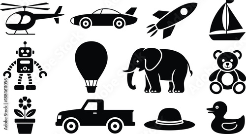 Black flat icons set, helicopter, car, rocket, sailboat, robot, balloon, elephant, teddy bear, pickup truck, hat, duck and flower vector design