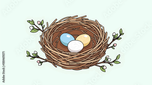 A bird's nest with three eggs on a branch with leaves, viewed from above, showcasing nature's serenity and beauty.