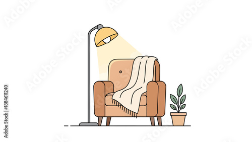Cozy armchair with blanket and potted plant beside a standing lamp in a serene indoor setting