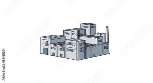 A detailed illustration of a large, multi-story industrial factory building with multiple sections and a smokestack.