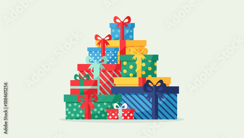 Vibrant Gift Boxes Stacked in a Pyramid Shape with Ribbons and Bows