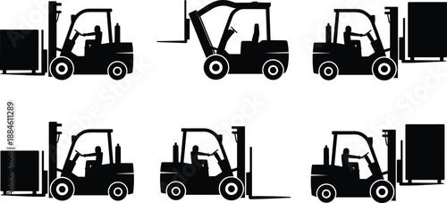 Black forklift truck silhouettes set, warehouse material handling and cargo loading vehicles icons for logistics, industry, transport and storage vector design
