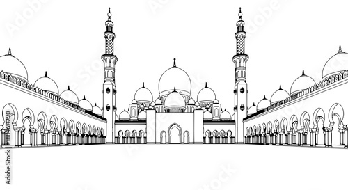A grand mosque courtyard scene with symmetrical arches and minarets vector illustration