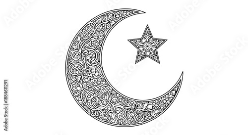 Crescent moon with intricate filigree and star vector illustration in Islamic art style