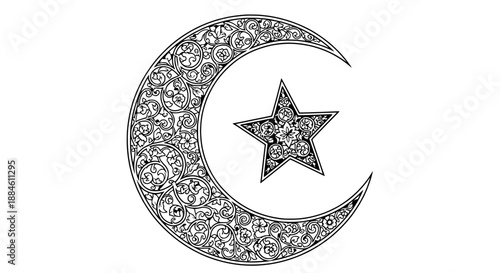 Crescent moon with intricate filigree and star vector illustration in black and white