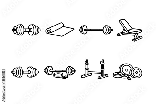 Fitness Equipment Icon Set: Dumbbell, Barbell, Yoga Mat, Bench, Weight Plate, Rack, Resistance, Exercise