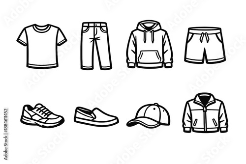 Clothing and apparel icon set. Containing shirt, pants, hoodie, shorts, shoes, cap, jacket, and more.