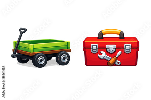 Tools and equipment icon set. Containing shovel, wheelbarrow, toolbox, wrench, hammer, screwdriver, pliers, safety gear and more.