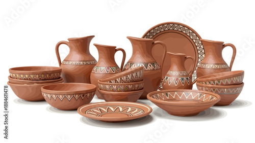 Traditional Clay Tableware Display Featuring Jugs and Bowls with Ornate Designs on White Background from a Front Viewpoint
