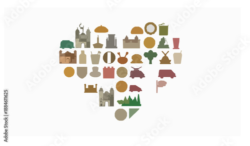 Minimal Italy love heart icon vector with Italian landmarks food and travel symbols