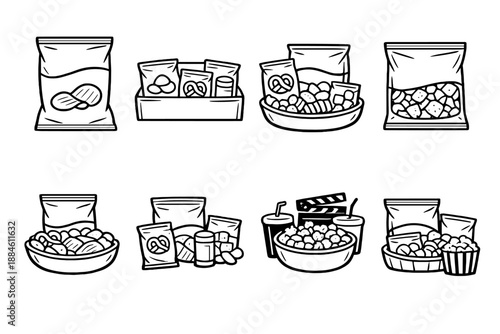 Snack and food icon set. Containing chips, pretzels, popcorn, candy, nuts, beverages, packaging, bowl, and more.