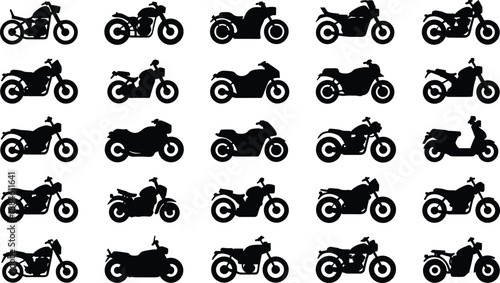 Black motorcycle silhouettes mega set, sport bikes, cruisers, choppers and scooters side view collection for transport, racing and automotive vector design