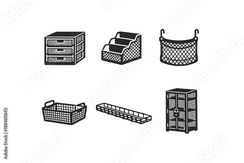Storage and organization icon set. Containing shelves, bins, baskets, racks, cabinets, containers, and more.