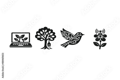 Nature and technology icon set. Including laptop, tree, bird, flower, and more.