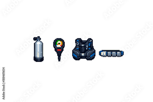 Diving Equipment Icon Set: Includes tank, gauge, wetsuit, regulator, and more.