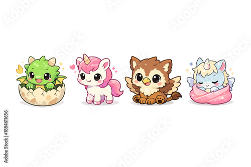 Fantasy Creatures Icon Set. Featuring dragon, unicorn, owl, fairy, sprite, mythical, adorable, hatchling, ethereal, magic.