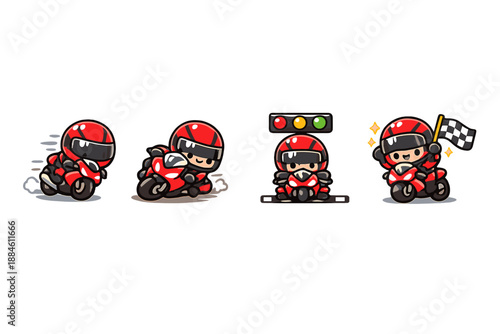 Racing and sports icon set. Featuring motorcycle, racer, checkered flag, traffic light, and speed.