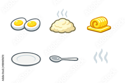 Food and Cooking Icon Set. Including eggs, rice, butter, plate, spoon, steam.