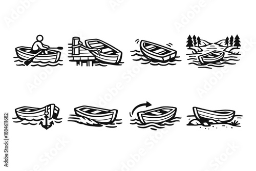 Boating and Water Icons Set. Including kayak, canoe, dock, lake, rowboat, anchor, river, and more.