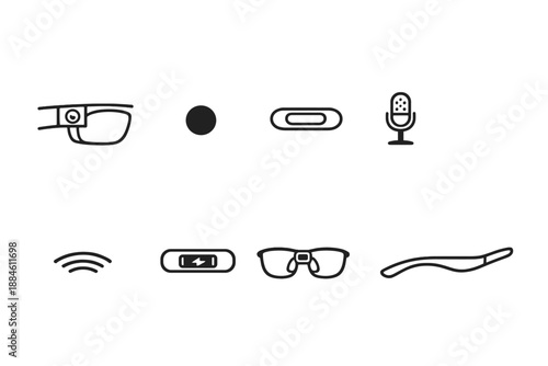 Smart Technology Icon Set: Glasses, Microphone, Lens, Button, Wireless, Audio, Charge, Control