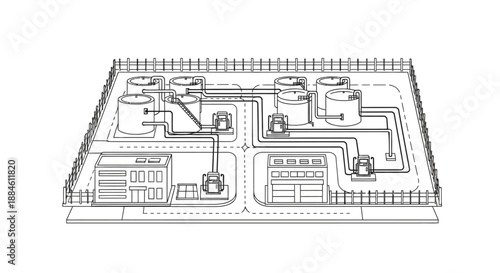 An isometric illustration of an industrial complex featuring storage tanks, pipelines, and processing buildings, enclosed by a fence.