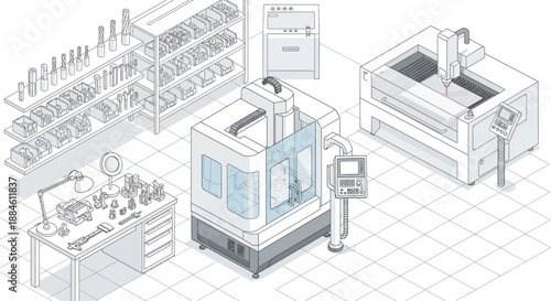 Isometric illustration of a modern manufacturing facility showcasing advanced machinery and a well-organized workshop.