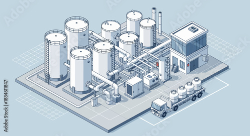 Isometric illustration of a modern industrial facility with storage tanks, pipelines, and a delivery truck.