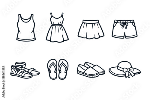 Fashion and Apparel Icon Set. Containing clothing, tops, dresses, shorts, sandals, footwear, hats, and accessories.