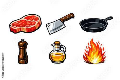 Cooking and Kitchen Icon Set. Containing meat, knife, pan, pepper, oil, fire, chef, utensil and more.