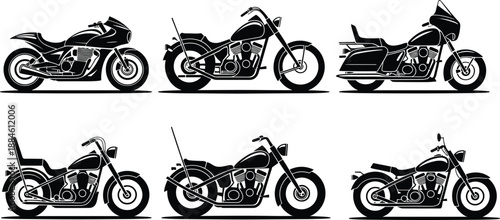 Black motorcycle silhouettes set, sport bike, cruiser and chopper motorbikes side view collection for transport, racing and vintage automotive vector design