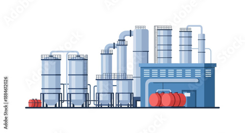 A modern industrial complex featuring tall storage tanks, processing towers, and a blue factory building with red fuel tanks.