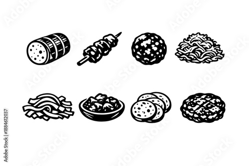 Food and snack icon set. Containing meat, skewers, balls, noodles, bacon, salad, cookies, and dessert.