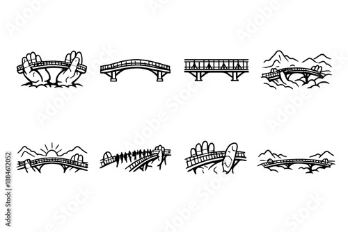 Bridge and structure icon set. Containing arch, beam, suspension, pedestrian, highway, design, engineering, crossing and more.