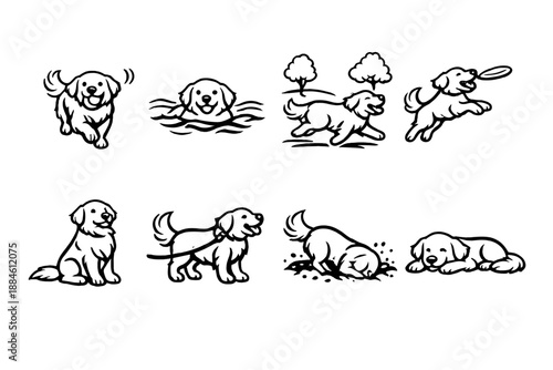 Pet and animal icon set. Featuring dog, play, fetch, swim, run, bark, sit, jump, and more.