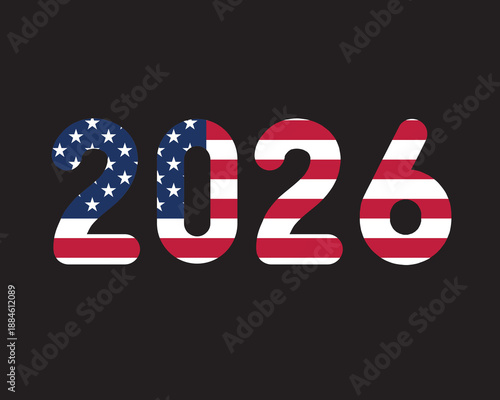 3D 2026 text with American flag inside the text. Vector illustration on white background. USA flag in text. American flag in letters. National emblem. Patriotic illustration.