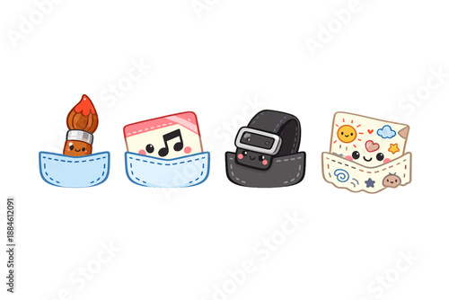 Pocket Icons Set: Paintbrush, Music, Wallet, Photo, Sticker, Accessories, Art, Entertainment, Fashion, Decor, Creativity, Style, Collection, Handmade