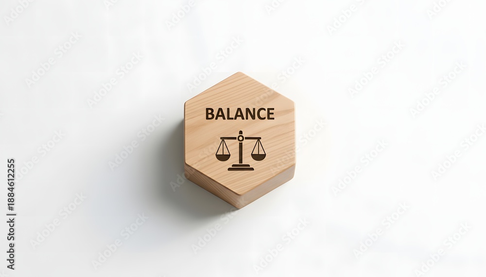 Fototapeta premium Balance Concept with Wooden Hexagon Block and Scales Icon on White Background