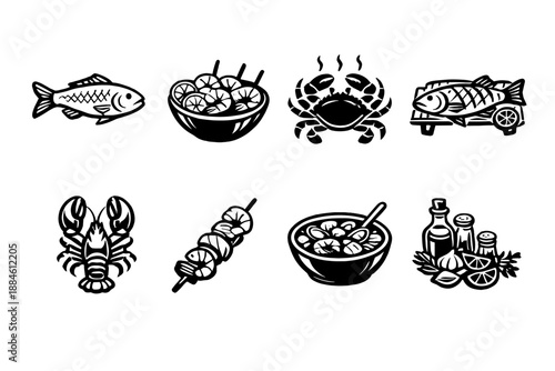 Food and seafood icon set. Containing fish, crab, lobster, bowl, skewers, ingredients, and more.