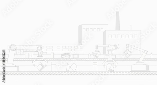 Automated factory assembly line with robotic arms and industrial buildings in the background.