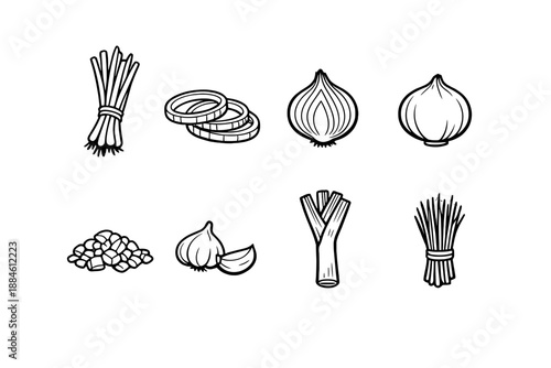 Food ingredient icon set. Featuring herbs, spices, garlic, onion, shallots, shallot, and more.