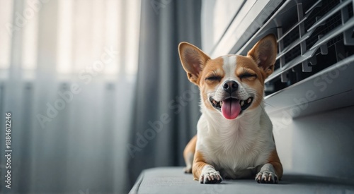 Chihuahua dog resting under air conditioner on windowsill — ideal for pet comfort, animal content and home appliance advertising