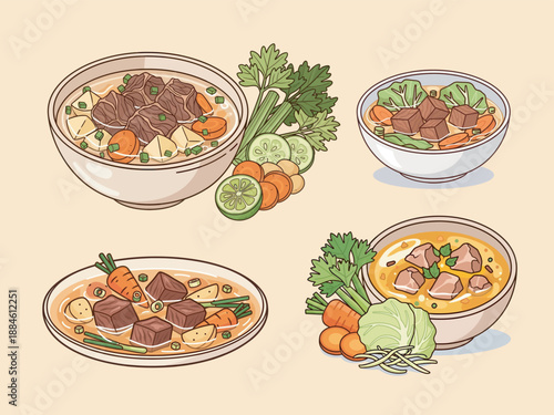 Delectable Culinary Collection: A captivating illustration showcases an array of delicious soups and stews. Featuring an assortment of vibrant ingredients artfully arranged, creating a visual feast