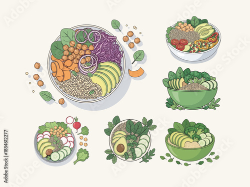 Nutritious Bowl: A colorful collection of vibrant dishes, filled with fresh vegetables, grains, and creamy avocado, beckon the viewer with the promise of wholesome nourishment.