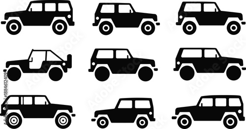 Black off road SUV and jeep silhouettes set, rugged four wheel drive vehicles icons for adventure, travel, transport and automotive vector design