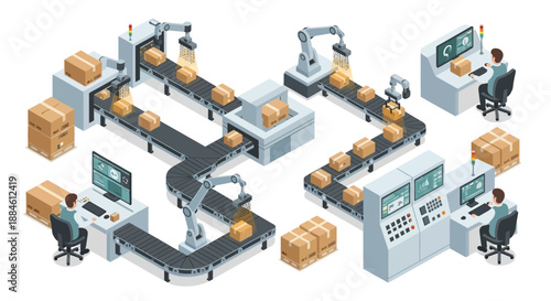 Automated factory conveyor belt system with robotic arms and computer control panels for efficient product handling and packaging.